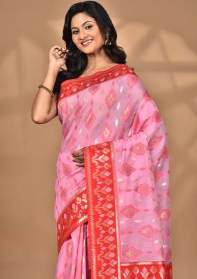 pink kashmiri silk linen saree with blouse piece 2