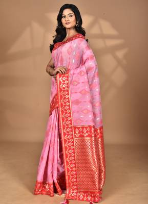 pink kashmiri silk linen saree with blouse piece 4