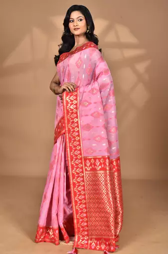 pink kashmiri silk linen saree with blouse piece