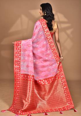 pink kashmiri silk linen saree with blouse piece 5