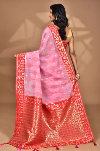 pink kashmiri silk linen saree with blouse piece
