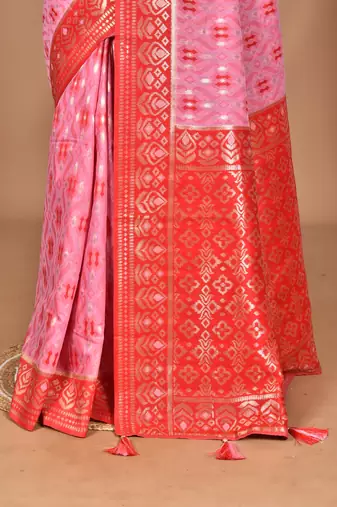 pink kashmiri silk linen saree with blouse piece