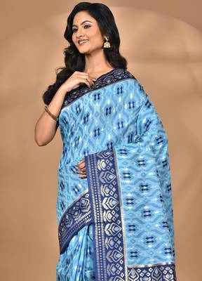 blue kashmiri silk linen saree with blouse piece 1
