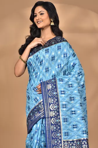 blue kashmiri silk linen saree with blouse piece