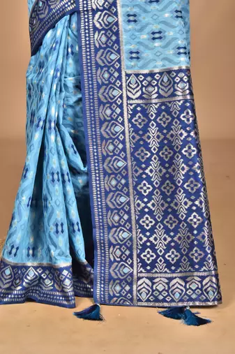 blue kashmiri silk linen saree with blouse piece