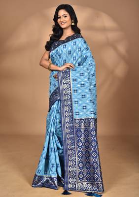 blue kashmiri silk linen saree with blouse piece 3