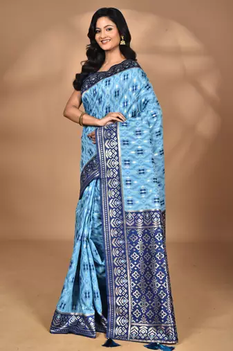 blue kashmiri silk linen saree with blouse piece
