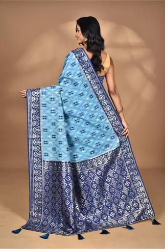 blue kashmiri silk linen saree with blouse piece