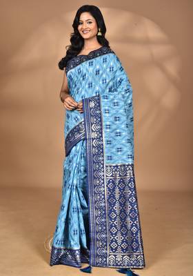 blue kashmiri silk linen saree with blouse piece 5