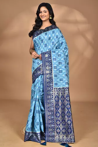 blue kashmiri silk linen saree with blouse piece
