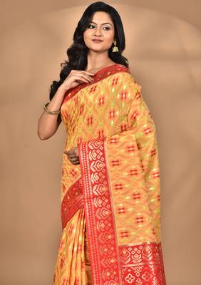 yellow kashmiri silk linen saree with blouse piece 1