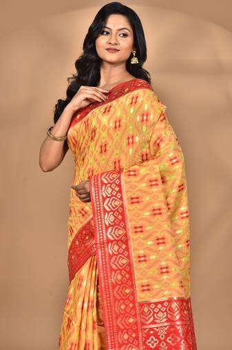 yellow kashmiri silk linen saree with blouse piece