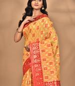 yellow kashmiri silk linen saree with blouse piece