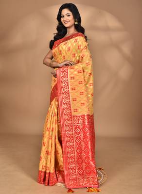 yellow kashmiri silk linen saree with blouse piece 3