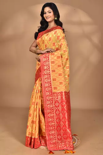 yellow kashmiri silk linen saree with blouse piece
