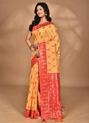 yellow kashmiri silk linen saree with blouse piece 4