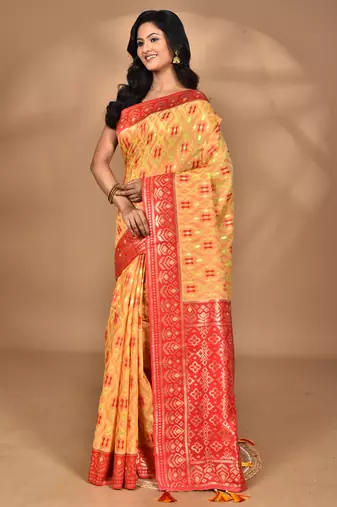yellow kashmiri silk linen saree with blouse piece