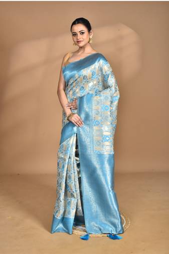 Blue chanderi silk blend saree with blouse piece