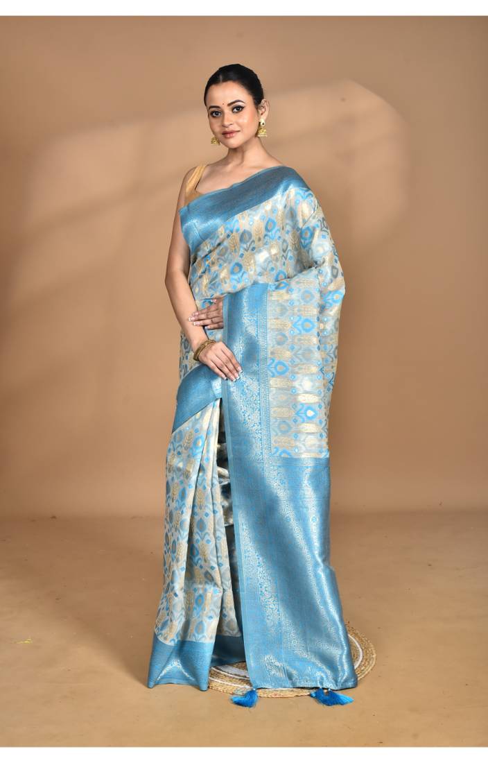 Blue chanderi silk blend saree with blouse piece