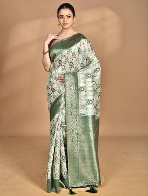 green chanderi silk blend saree with blouse piece 1