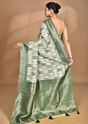 green chanderi silk blend saree with blouse piece 4