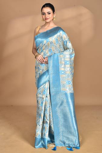 blue chanderi silk blend saree with blouse piece