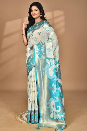 grey chanderi silk blend saree with blouse piece