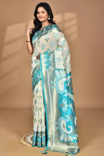 grey chanderi silk blend saree with blouse piece