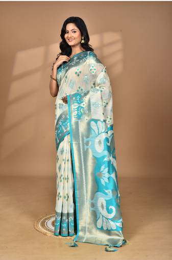 blue linen saree with blouse piece