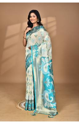 blue linen saree with blouse piece 1