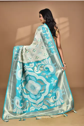 blue linen saree with blouse piece