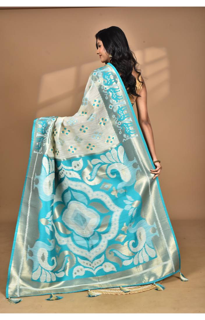 blue linen saree with blouse piece