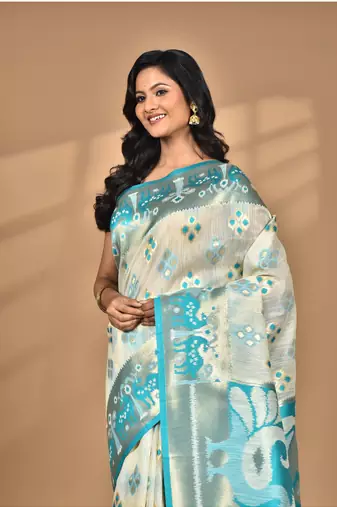 blue linen saree with blouse piece