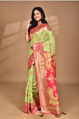 green linen saree with blouse piece