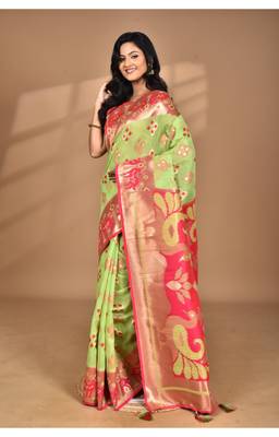 green linen saree with blouse piece 1