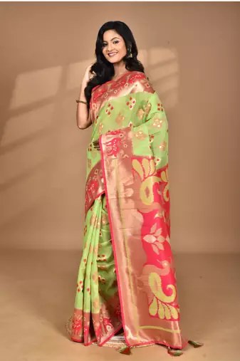 green linen saree with blouse piece