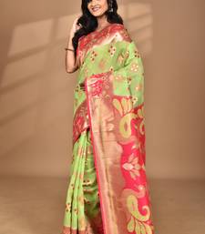 green linen saree with blouse piece