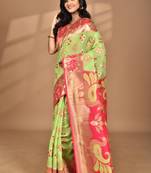 green linen saree with blouse piece