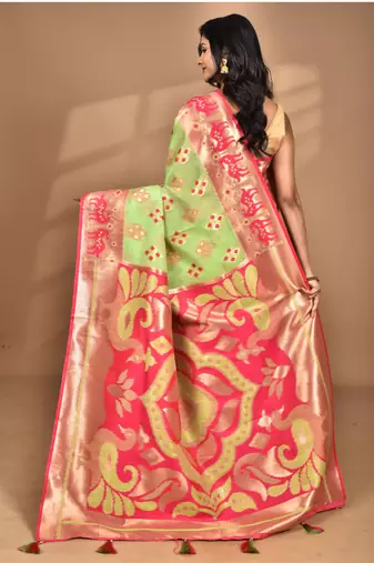 green linen saree with blouse piece