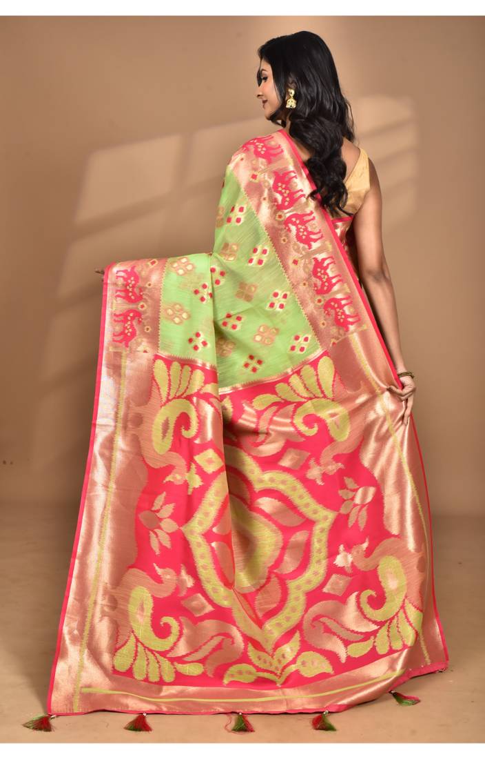 green linen saree with blouse piece