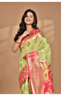 green linen saree with blouse piece 3