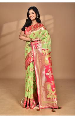 green linen saree with blouse piece 4