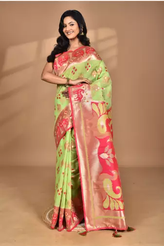 green linen saree with blouse piece