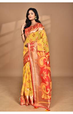 mustard linen saree with blouse piece 1