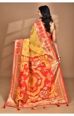 mustard linen saree with blouse piece 2