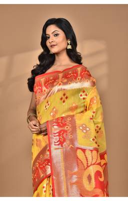 mustard linen saree with blouse piece 3