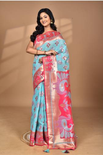 blue linen saree with blouse piece