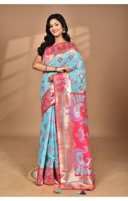blue linen saree with blouse piece 1