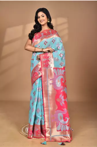 blue linen saree with blouse piece