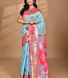 blue linen saree with blouse piece